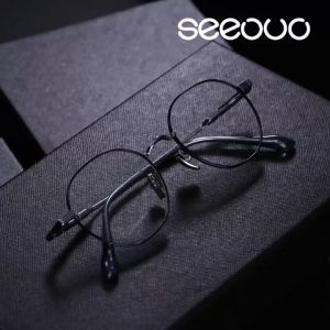 Seeouo Frame Kacamata Style Wanita Kekinian Lensa Plano Bisa Minus Antiradiasi Blueray Model Bulat Retro Titanium 61012