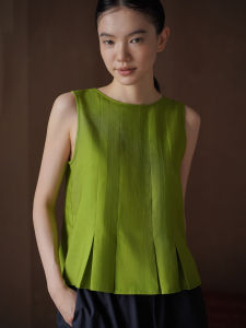 hacikis | Flattering Slimming Linen Blend Texture Top Peplum Hem Round Neck