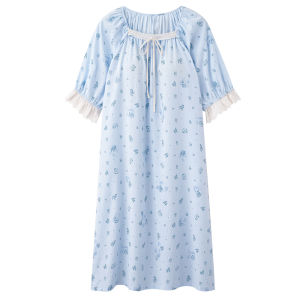 Miiow | Cat Woman Summer Ice Silk Long Sleepwear Short Sleeve Thin Style Princess Home Clothes Youth Polyester Fiber Round Neck Pure Color