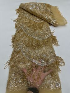 OLEVO | Gold Luxury African Sequins Beaded Lace Fabric High Quality Lace 5 Yards French Lace Fabric Nigerian Lace Fabrics Party AT2894