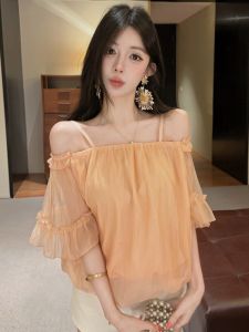 GUZILIAN | Áo Chiffon Dáng Rộng Thanh Lịch Có Viền Ren Kiểu Dáng Mùa Hè Tạo Form Thon Gọn