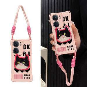 Anti-Fall Silicone Protective Case for iQOOneo9spro+ Neo8Pro Four Corner Lanyard Fashionable Cat Stand Creative Neo5 Vitality Edition