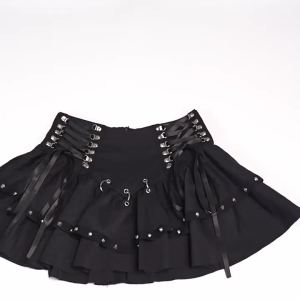 New Vintage Dark Punk Rivet Corn Bandage Mini Skirt Gothic Punk Y2K Grunge Streetwear Women Pleat A-Line Sweet Slim Skirts