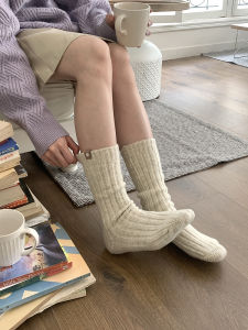 Womens Winter Warm Thickened Wool Blend Knitted Socks Long Tube Yarn Pile High Top Solid Color Home Comfort Stockings