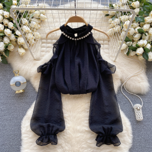 Chic Long Sleeve Sweater with Hollow Out Shoulder and Pearling Collar for Women Trendy 2023 Autumn Fashion