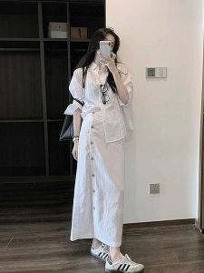 ชุดเสื้อเชิ้ตผ้าลินินฤดูร้อนสำหรับผู้หญิง ชุดเดรสยาวครึ่งตัวป้องกันแสงแดด ชุดสองชิ้น ชุดแฟชั่นสำหรับการเดินทาง ชุดทำงาน ชุดลำลอง