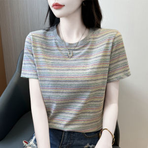 Womens Pure Cotton Striped Short Sleeve T-Shirt Summer Loose Slim Fit Base Shirt Casual Style round Neck Regular Length