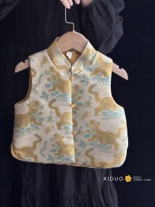 New Chinese Style Childrens Cheongsam Vest Autumn Winter Boys Girls Traditional Floral Embroidery Hanfu Shoulder Pad Tank Top