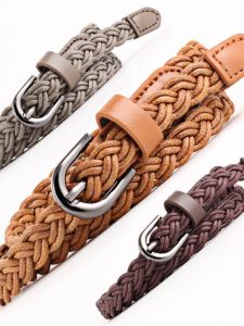 Ladies Hand-Knitted Slim Waist Belt Narrow 2020 Versatile Decorative Dress Belt in Red Black White Blue Fine Leather Belt for Women