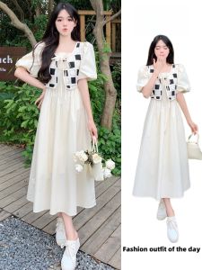 Summer Large Size French Style Plaid Fake Two-Piece Dress for Women High Waist Bubble Sleeves Long Skirt
