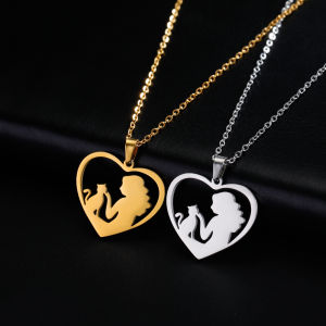 Lemegeton Girl and Cat Hollow Heart Necklace Stainless Steel Necklaces Women Fashion Lovely Jewelry Lovely Kitten Pet Lover Gift