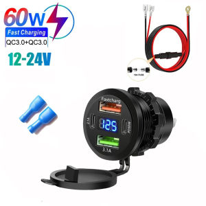 12v 24v usb car adapter Dual Port USB Charger Socket USB-C PD & Dual QC 3.0 For Car Motorcycle With Voltmeter and Power Switch