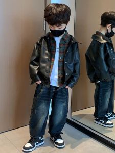 Cool Boys Leather Jacket Casual Spring Autumn Fashionable PU Material Single Button Closure Pure Color Small Flip Collar Coat