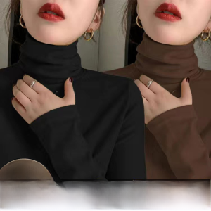 Double-Sided Fleece High-Neck Base Shirt Womens Inner Warm Top Long Sleeve T-Shirt Korean Style Commute Pure Color Slim Fit