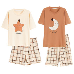 Bộ đồ ngủ cặp đôi MiiOW Cat Person bằng cotton cổ tròn in hoạt hình rộng rãi