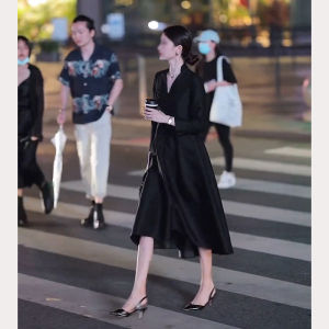 Elegant Black High Waist Long Sleeve V-Neck Slimming Dress Commute Style Spring Season A-Line Silhouette Single Piece