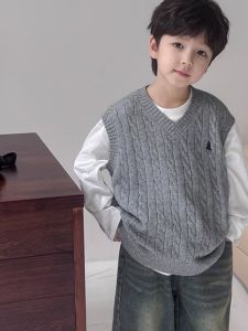 Childrens Knitted Sweater Vest Spring New Style Versatile Top Fashionable Baby Boy Girl Pure Color Sporty Cotton Polyester Blend