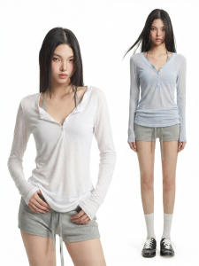Áo Tunics Ôm Dài Tay Cổ Henley Mỏng
