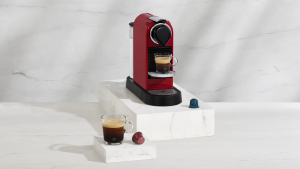 Nespresso CitiZ Coffee Machine Red & Aeroccino 3 Milk Frother Black Bundle with Coffee Capsules