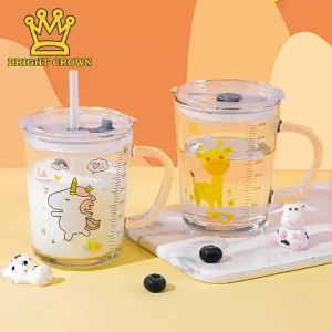 Bright Crown Gelas Kaca 400ML Motif Animal Skala Ukuran FREE Sedotan Kaca Anti Bocor
