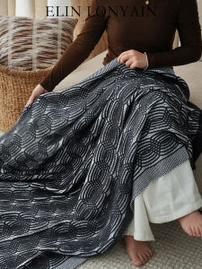 ELIN LONYAIN | Modern and Minimalist Black Gray Geometric Lines Knitted Blanket