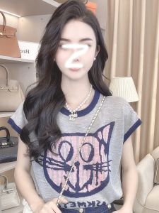 Large Size Womens Clothing Plus Size MM Belly Covering Design Unique Age Reducing Internet Celebrity Cat Knit Short Sleeve T-shirt