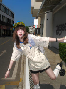 XIANGBAIWEI | American Color-block Polka Dot Print Sweet Loose Versatile Short Sleeve T-shirt