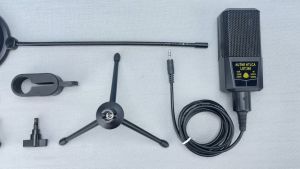 【OLYPS】Microphone 3.5mm Mic Condenser untuk Merekam Podcast Streaming PC dengan Jaring Anti Tiup dan Dudukan Tripod Desktop