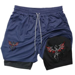 Sword and Dragon Print 2 in 1 Gym Workout Shorts for Men Quick Dry Stretchy Athletic Compression Shorts Fitness Running Jogging