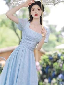 Elegant French Blue Chiffon Square Neck Summer Dress 2025 New Style Fairy Tale Princess Skirt High Waist A-Line Short Sleeve