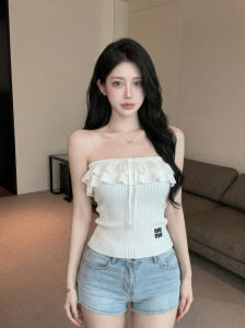 GUZILIAN | Áo Crop Ngực Trễ Dây Quai Hở Lưng Voan Xếp Ly