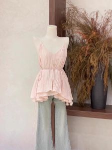 Áo Thun Nữ Tay Lửng Cổ Chữ V Màu Hồng Ngọt Ngào Dáng Ôm Chất Liệu Cotton Pha Trộn Phong Cách Hàn Quốc Mùa Hè 2025