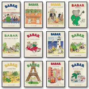 Phim Hoạt Hình Voi Babar Xe Gia Đình Dễ Thương Yoga Anime Poster In Canvas Nghệ Thuật Treo Tường Cho Phòng Trẻ Em Mầm Non Trang Trí Không Đóng Khung Phong Cảnh