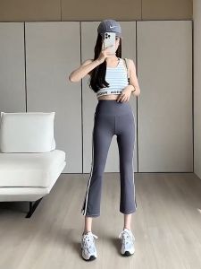 【Fongaly】Hitam Celana Santai 7 Poin Berpinggang Sangat Tinggi pinggang ultra tinggi Ukuran besar Celana Pendek Yoga Legging Celana Olahraga Wanita High Waist Yoga Running Sport celana ketat tujuh menit yoga pants (Black gray milk tea color)