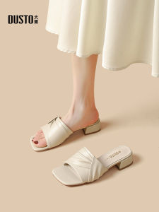 DUSTO Summer 2024 Casual Thick Heel Womens Slippers Square Head Comfortable Mom Shoes PU Material Rubber Outsole Solid Color