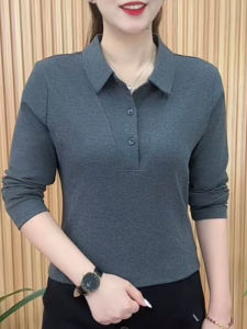Chic Anti-Aging Pure Color Polo Collar Slimming Casual Shirt Korean Style Long Sleeve Button up Womens Comfortable Breathable