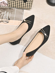 Commute Bean Bean Shoes Womens Velvet Surface mid Heel Work Shoes Spring Black Pointed Toe Commute Heightening Shoes