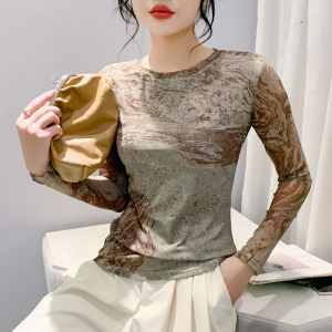 Rehin phong cách Châu Âu Áo Thun Dài Tay Lưới in nhuộm buộc đồ họa ôm vừa Mùa Thu/Mùa đông cổ tròn thời trang S-4XL thanh lịch hàng đầu của phụ nữ