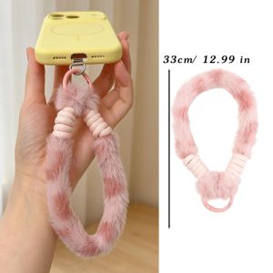 Trendy Leopard-print Plush Mobile Phone Lanyard Short Wrist Strap Portable Anti-Loss Keyring Soft Carry Strap Chain Pendant