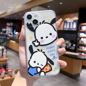 Cute Pachat Dog Hello Kitty iPhone 14 13 12 15 Transparent Full Cover Silicone Protective Case Anti-Fall Straight Edge Design