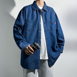 ROMON | Romon Blue Denim Long Sleeve Casual Shirt For Men Spring Autumn New Style Premium Feeling Workwear Jacket Loose Fit Cotton Polyester Blend