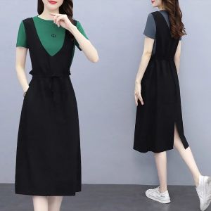 ชุดเดรสยาวปานกลางสไตล์เกาหลีฤดูร้อนปี 2022 ทรงหลวม แขนสั้น ผ้าโพลีเอสเตอร์ 100% สำหรับผู้หญิงไซส์ใหญ่