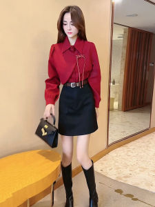 Red Chinese Style Womens Fashion Set Short Skirt Top High Waist Illusion Two Piece Set Small Size Friendly Anti-Aging