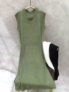 ชุดเดรสยาวแขนกุดผ้าไหมน้ำแข็งสไตล์ญี่ปุ่นหลวมๆ ขนาดใหญ่ ชุดถักลายตาข่ายชั้นในช่วงฤดูร้อน ชุดเดรสยาวปานกลางแบบโปร่งแสง