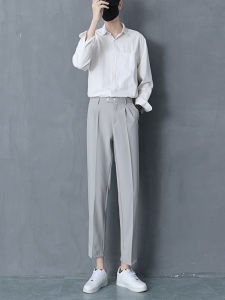 กางเกงขายาวทรงตรงลำลองสำหรับผู้ชายพร้อมเสื้อเชิ้ต ชุดสองชิ้น ทรงสลิมฟิต เอวกลาง ทรงหลวม สไตล์เยาวชน ทรงตรง ทรงปกติ