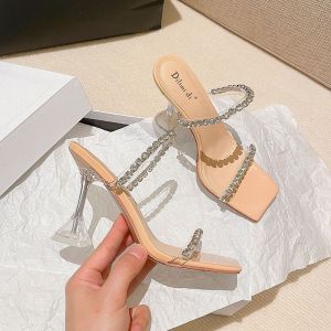 2024 New Summer Womens Sandals with Fairy-like Fine Heel Water Diamond Open Toe and High Heel for Daily Wear Rubber Sole