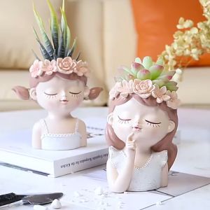Female Face Flower Pot Women Planter Pot Succulent Planter Cute Ceramic Planter Succulent Pots Statue Bust Vase with Drainage Hole