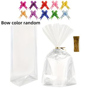 10/30/50Pcs flat bottom gusset handle bag clear cellophane gift bag with bow/kink tie gift bag for party birthday party
