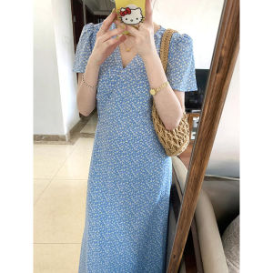 Korean-style V-neck Polyester Fiber Dress for Women Loose Fit Long Sleeve Short Sleeve Waist-length Casual Dress