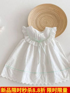 Korean Style Princess Dress Baby Girl Summer Floral Collar Children Trendy Cotton Polyester Blend Short Sleeve Solid Color